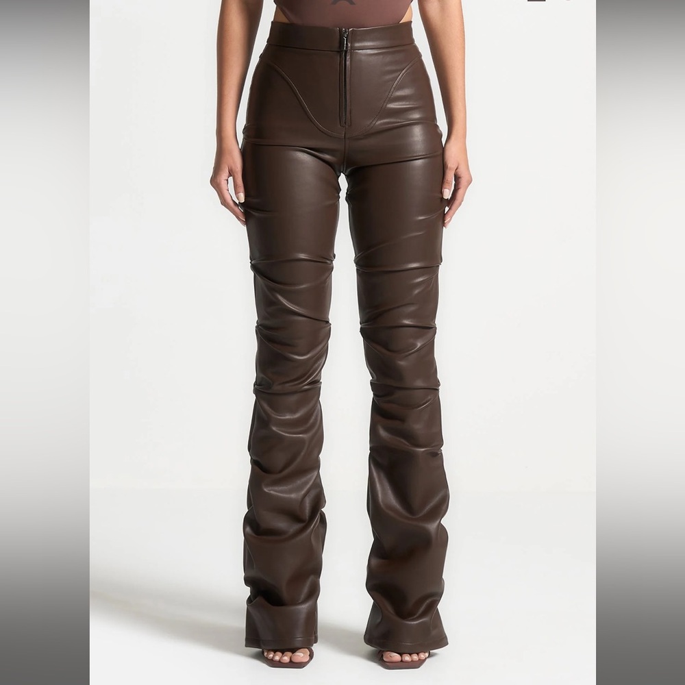 New Tacked Leather‎ Flared Trousers - Brown - Picture 3 of 8